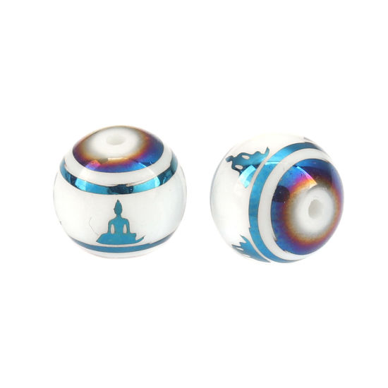 Immagine di Vetro Sciolto Religione Perline Budda Blu Tondo Circa 10mm Dia, Foro: Circa 1.4mm, 20 Pz