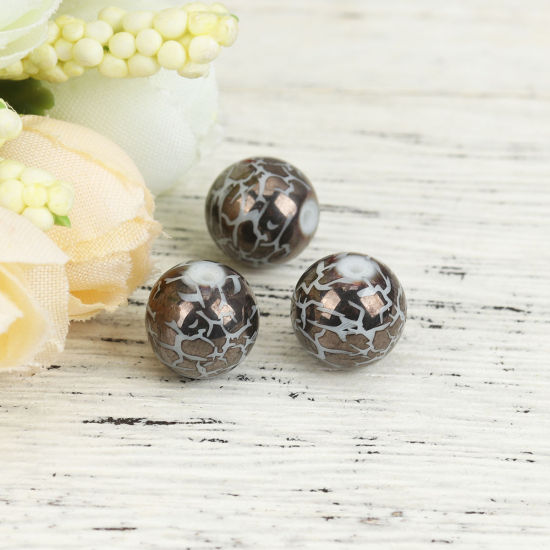Image de Perles en Verre Rond Café Foncé Motifs Fissurés Env. 10mm Dia, Trou: 1.4mm, 20 Pcs