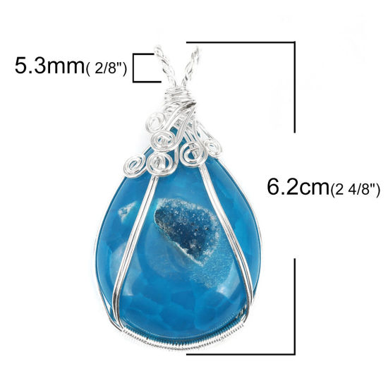 (グレードA) 瑪瑙 ( 天然 ) ペンダント 滴 ドロップ 銀メッキ 青 線に包まれた 6.2cm x 3.5cm、 1 個 の画像
