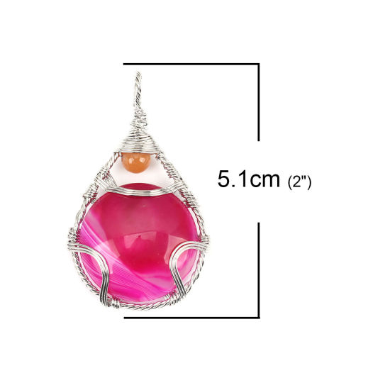 (グレードA) 瑪瑙 ( 天然 ) ペンダント 滴 ドロップ シルバートーン フクシア色 線に包まれた 5.1cm x 3cm、 1 個 の画像