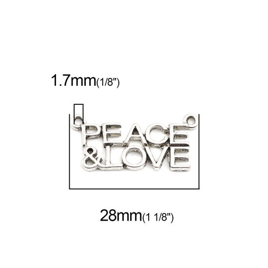 Picture of Zinc Based Alloy Connectors Antique Silver Color Message " LOVE & PEACE " 28mm x 13mm, 20 PCs
