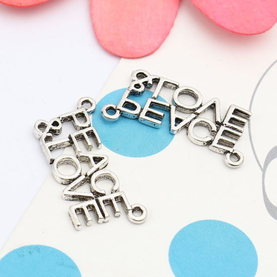 Picture of Zinc Based Alloy Connectors Antique Silver Color Message " LOVE & PEACE " 28mm x 13mm, 20 PCs