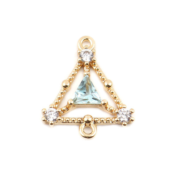 Image de Connecteurs en Laiton Triangle Plaqué Or Véritable 18K Creux à Strass Bleu Clair 15mm x 13mm, 1 Pièce