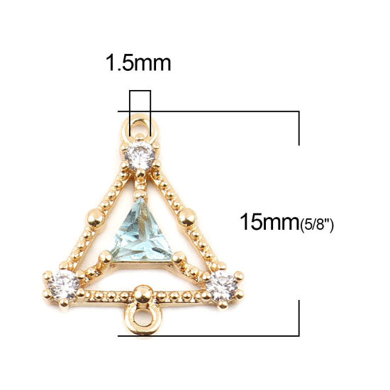 Image de Connecteurs en Laiton Triangle Plaqué Or Véritable 18K Creux à Strass Bleu Clair 15mm x 13mm, 1 Pièce