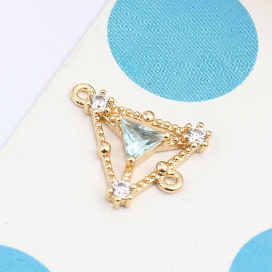 Image de Connecteurs en Laiton Triangle Plaqué Or Véritable 18K Creux à Strass Bleu Clair 15mm x 13mm, 1 Pièce