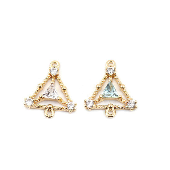 Image de Connecteurs en Laiton Triangle Plaqué Or Véritable 18K Creux à Strass Bleu Clair 15mm x 13mm, 1 Pièce