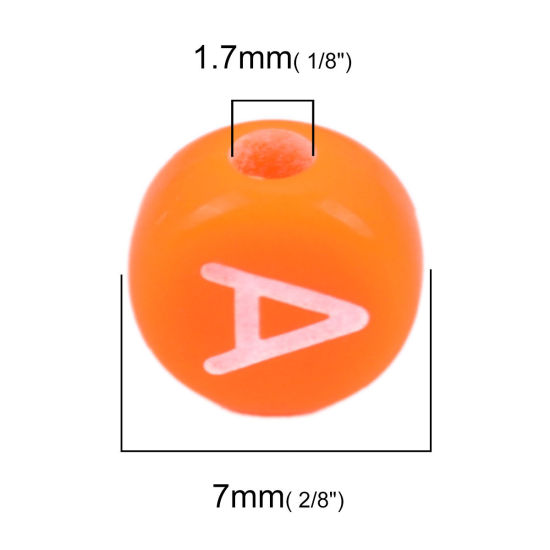 アクリル ビーズ フラットラウンド ランダムな色 オレンジ キャピタルレター柄 約 7mm 直径、 穴：約 1.7mm、 500 個 の画像