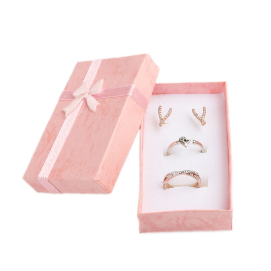 紙 ジュエリーギフト ジュエリーボックス 長方形 ピンク ちょう結び柄 8.1cm x 5.2cm 、 4 個 の画像