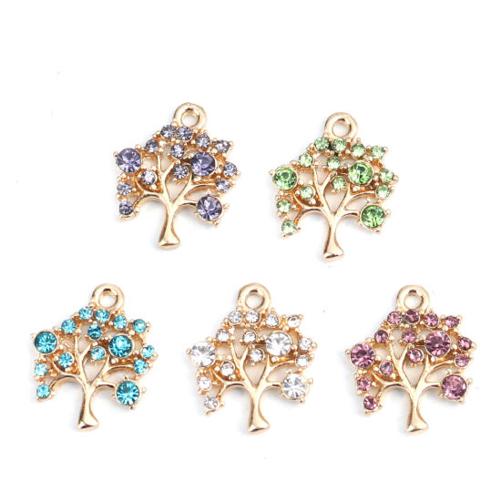 Picture of Zinc Based Alloy Charms Tree Gold Plated Clear Rhinestone 16mm x 14mm, 5 PCs