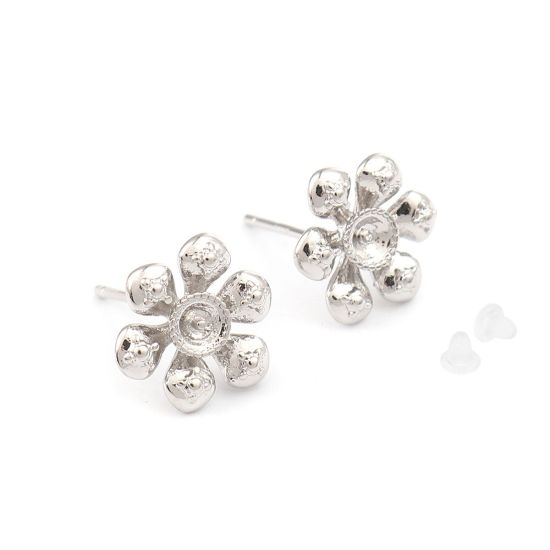 Image de Boucles d'Oreilles Puces en Laiton Argent Mat Fleur avec Boucle 12mm x 11mm , Epaisseur de Fil: (20 gauge), 2 Pcs