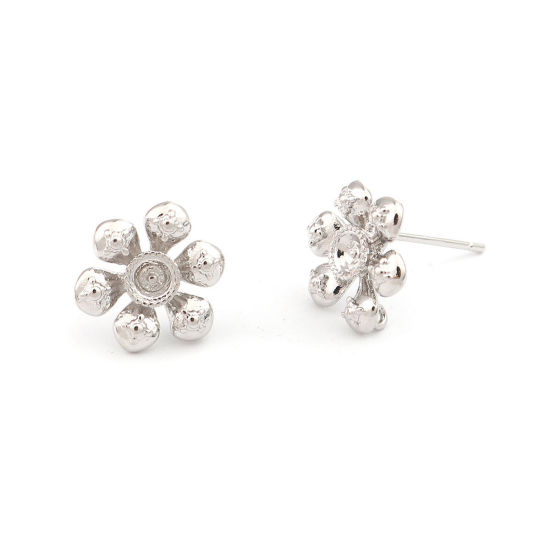 Image de Boucles d'Oreilles Puces en Laiton Argent Mat Fleur avec Boucle 12mm x 11mm , Epaisseur de Fil: (20 gauge), 2 Pcs