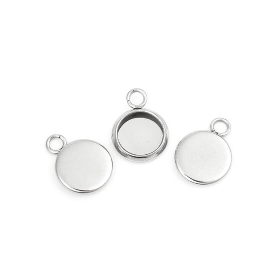 Immagine di 304 Acciaio Inossidabile Charms Tondo Tono Argento Basi per Cabochon (Adatto 6mm) 11mm x 8mm, 10 Pz