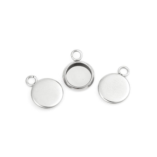 Immagine di 304 Acciaio Inossidabile Charms Tondo Tono Argento Basi per Cabochon (Adatto 6mm) 11mm x 8mm, 10 Pz