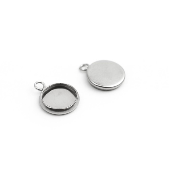 Immagine di 304 Acciaio Inossidabile Charms Tondo Tono Argento Basi per Cabochon (Adatto 8mm) 12mm x 10mm, 10 Pz