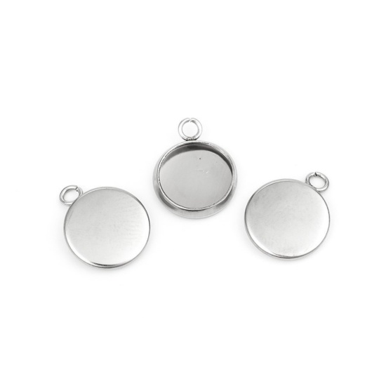 Immagine di 304 Acciaio Inossidabile Charms Tondo Tono Argento Basi per Cabochon (Adatto 8mm) 12mm x 10mm, 10 Pz