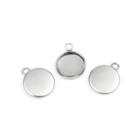 Immagine di 304 Acciaio Inossidabile Charms Tondo Tono Argento Basi per Cabochon (Adatto 8mm) 12mm x 10mm, 10 Pz