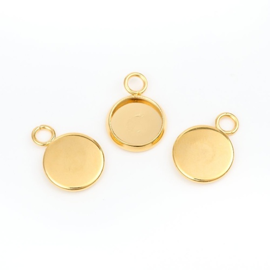Immagine di 304 Acciaio Inossidabile Charms Tondo Oro Placcato Basi per Cabochon (Adatto 8mm) 12mm x 10mm, 10 Pz