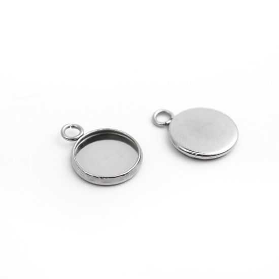 Immagine di 304 Acciaio Inossidabile Charms Tondo Tono Argento Basi per Cabochon (Adatto 10mm) 16mm x 12mm, 10 Pz