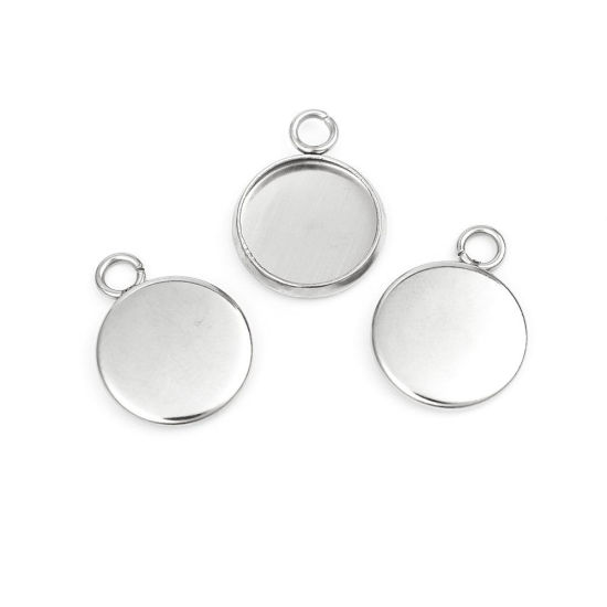 Immagine di 304 Acciaio Inossidabile Charms Tondo Tono Argento Basi per Cabochon (Adatto 10mm) 16mm x 12mm, 10 Pz