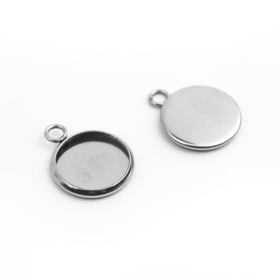 Immagine di 304 Acciaio Inossidabile Charms Tondo Tono Argento Basi per Cabochon (Adatto 12mm) 17mm x 14mm, 10 Pz