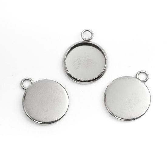Immagine di 304 Acciaio Inossidabile Charms Tondo Tono Argento Basi per Cabochon (Adatto 12mm) 17mm x 14mm, 10 Pz