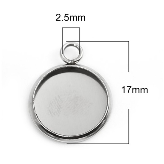 Immagine di 304 Acciaio Inossidabile Charms Tondo Tono Argento Basi per Cabochon (Adatto 12mm) 17mm x 14mm, 10 Pz