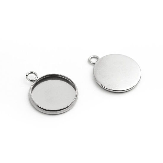 Immagine di 304 Acciaio Inossidabile Charms Tondo Tono Argento Basi per Cabochon (Adatto 14mm) 20mm x 16mm, 10 Pz