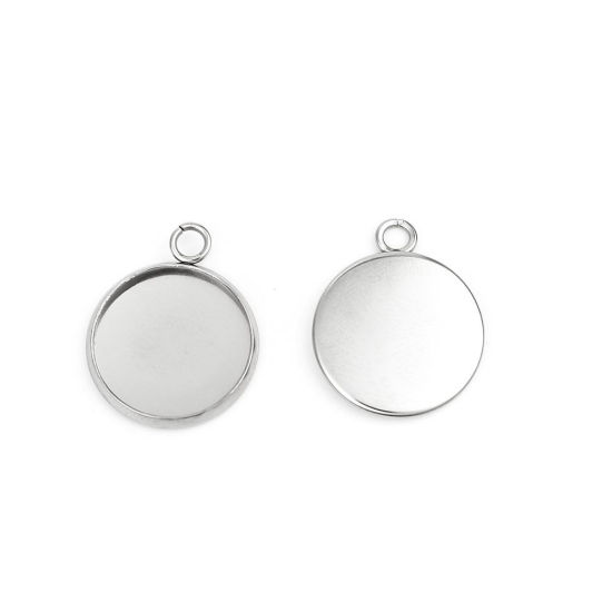Immagine di 304 Acciaio Inossidabile Charms Tondo Tono Argento Basi per Cabochon (Adatto 14mm) 20mm x 16mm, 10 Pz