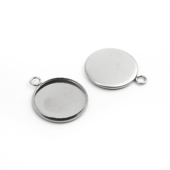 Immagine di 304 Acciaio Inossidabile Charms Tondo Tono Argento Basi per Cabochon (Adatto 16mm) 22mm x 18mm, 10 Pz