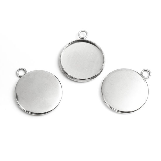 Immagine di 304 Acciaio Inossidabile Charms Tondo Tono Argento Basi per Cabochon (Adatto 16mm) 22mm x 18mm, 10 Pz