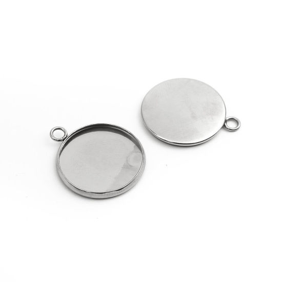 Immagine di 304 Acciaio Inossidabile Charms Tondo Tono Argento Basi per Cabochon (Adatto 18mm) 23mm x 20mm, 10 Pz