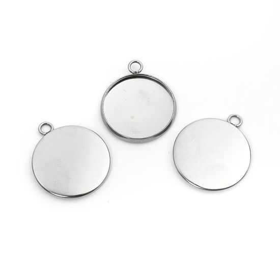 Immagine di 304 Acciaio Inossidabile Charms Tondo Tono Argento Basi per Cabochon (Adatto 18mm) 23mm x 20mm, 10 Pz