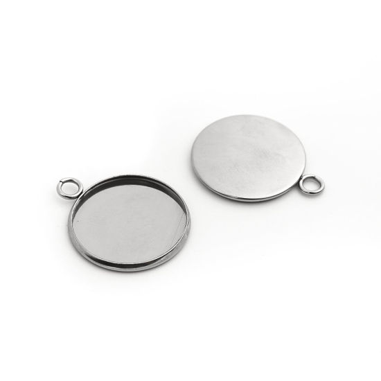 Immagine di 304 Acciaio Inossidabile Charms Tondo Tono Argento Basi per Cabochon (Adatto 20mm) 27mm x 22mm, 10 Pz