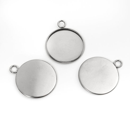Immagine di 304 Acciaio Inossidabile Charms Tondo Tono Argento Basi per Cabochon (Adatto 20mm) 27mm x 22mm, 10 Pz