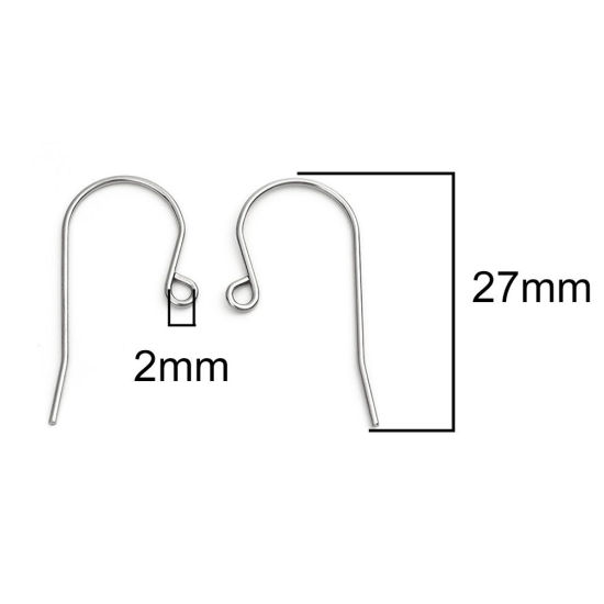 Picture of 304 Stainless Steel Ear Wire Hooks Earring Findings n-shape Silver Tone W/ Loop 27mm x 14mm, Post/ Wire Size: (20 gauge), 10 PCs