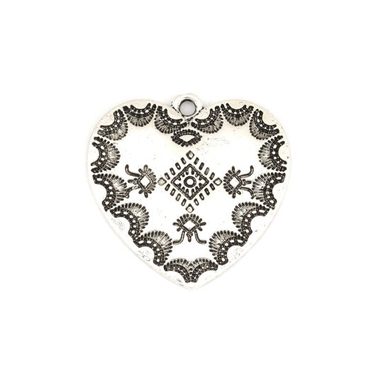 Image de Breloques Style Bohème en Alliage de Zinc Cœur Argent Vieilli Motif Sculpté 29mm x 29mm, 10 Pcs