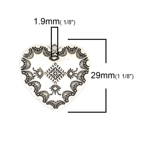 Image de Breloques Style Bohème en Alliage de Zinc Cœur Argent Vieilli Motif Sculpté 29mm x 29mm, 10 Pcs