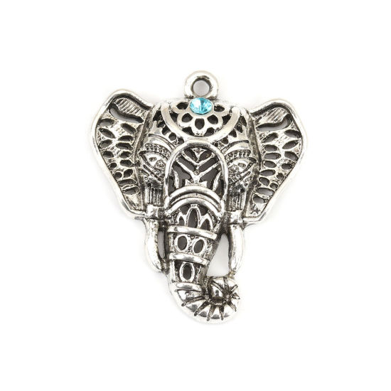 Image de Pendentifs en Alliage de Zinc Eléphant Argent Vieilli à Strass Bleu Creux 33mm x 28mm, 5 Pcs