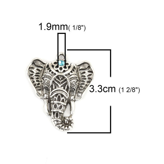 Image de Pendentifs en Alliage de Zinc Eléphant Argent Vieilli à Strass Bleu Creux 33mm x 28mm, 5 Pcs