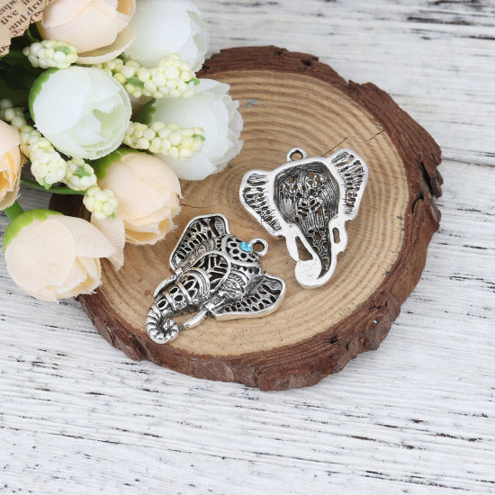 Image de Pendentifs en Alliage de Zinc Eléphant Argent Vieilli à Strass Bleu Creux 33mm x 28mm, 5 Pcs