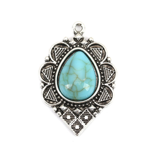 Image de Pendentifs Style Bohème en Alliage de Zinc+Acrylique Marquise Argent Vieilli Bleu-Vert Motif Sculpté Imitation Turquoise 36mm x 25mm, 5 Pcs