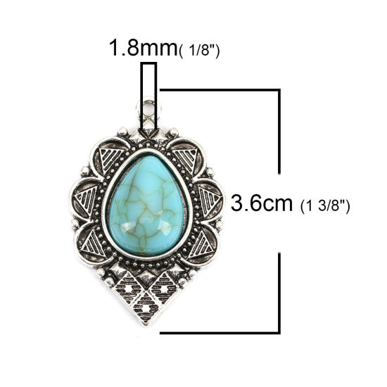 Image de Pendentifs Style Bohème en Alliage de Zinc+Acrylique Marquise Argent Vieilli Bleu-Vert Motif Sculpté Imitation Turquoise 36mm x 25mm, 5 Pcs