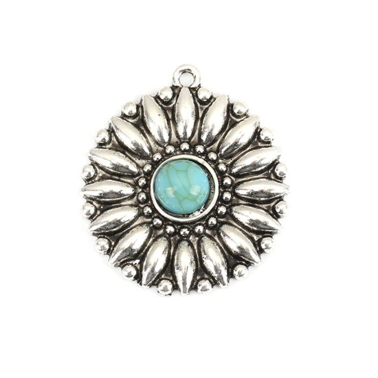 Image de Pendentifs Style Bohème en Alliage de Zinc+Acrylique Fleur Argent Vieilli Bleu-Vert Imitation Turquoise 34mm x 30mm, 5 Pcs