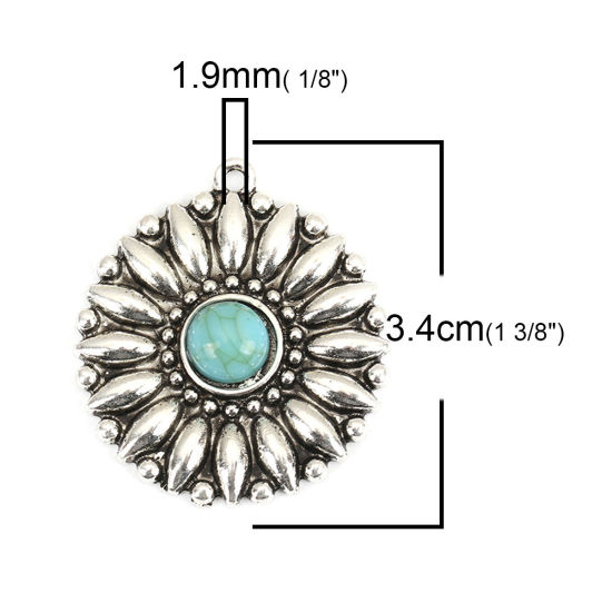 Image de Pendentifs Style Bohème en Alliage de Zinc+Acrylique Fleur Argent Vieilli Bleu-Vert Imitation Turquoise 34mm x 30mm, 5 Pcs