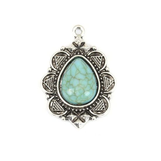 Image de Pendentifs Style Bohème en Alliage de Zinc+Acrylique Goutte d'Eau Argent Vieilli Bleu-Vert Imitation Turquoise 35mm x 25mm, 5 Pcs