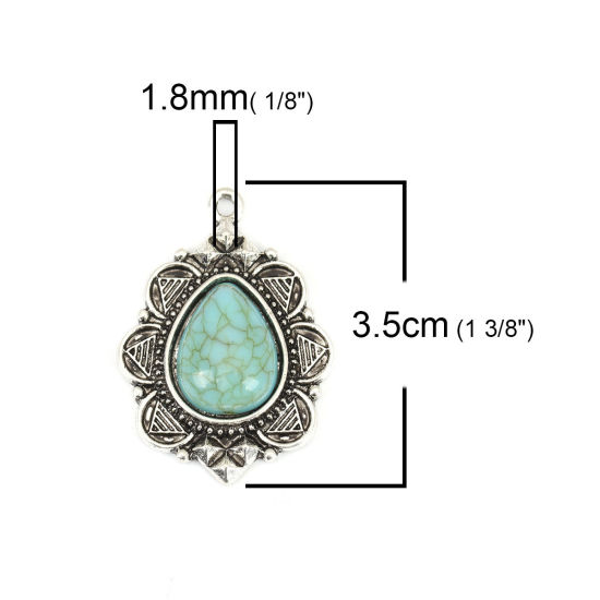 Image de Pendentifs Style Bohème en Alliage de Zinc+Acrylique Goutte d'Eau Argent Vieilli Bleu-Vert Imitation Turquoise 35mm x 25mm, 5 Pcs