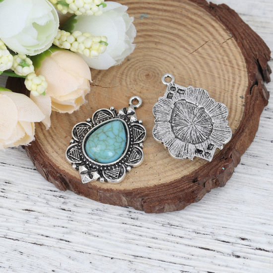 Image de Pendentifs Style Bohème en Alliage de Zinc+Acrylique Goutte d'Eau Argent Vieilli Bleu-Vert Imitation Turquoise 35mm x 25mm, 5 Pcs