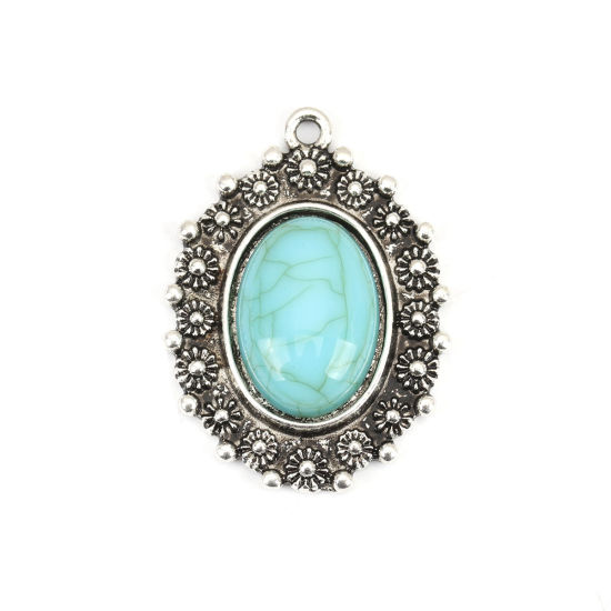 Image de Pendentifs Style Bohème en Alliage de Zinc+Acrylique Ovale Argent Vieilli Bleu-Vert Imitation Turquoise 34mm x 25mm, 5 Pcs