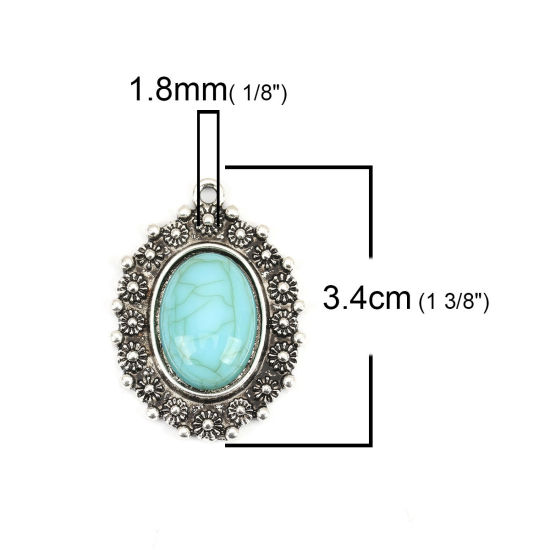 Image de Pendentifs Style Bohème en Alliage de Zinc+Acrylique Ovale Argent Vieilli Bleu-Vert Imitation Turquoise 34mm x 25mm, 5 Pcs