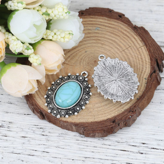 Image de Pendentifs Style Bohème en Alliage de Zinc+Acrylique Ovale Argent Vieilli Bleu-Vert Imitation Turquoise 34mm x 25mm, 5 Pcs